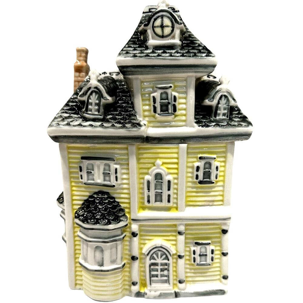 Quaint Collectible Ceramic Glazed Yellow Victorian House Cookie Jar Canister